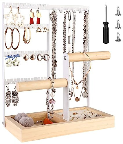 Schmuckständer,schmuckhalter, Jewelry Organizer, Kettenhalter aus Holz und Metall, 4-Tier Schmuckhalter Ausstellungsstück Ringe,Ohrringe, Armbänder, Uhren und Accessoires