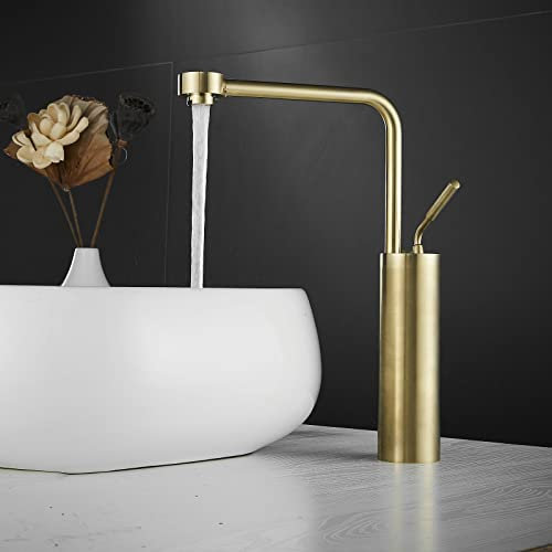Leekayer Waschtischarmaturen Bad Waschbecken Wasserhahn Hohe Körper Gebürstetes Gold Schwanenhals Einhand Einlochmontage Messing
