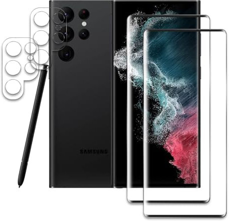 [2+2 Piezas] Protector de Pantalla para Samsung Galaxy S22 Ultra, con Protector de Lente de cámara Funda Amistoso, Dureza 9H Cristal Vidrio Templado, Anti-Arañazo, HD 5D Cobertura Completa