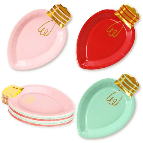 Whaline 30 piatti di carta natalizi in lamina d'oro, piatti usa e getta a forma di luci natalizie, rosso, rosa, verde, per Natale, inverno, vacanze, feste, 26 x 17 cm