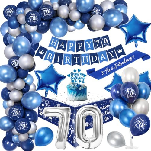70. Geburtstagdeko Män, 70 Jahre Blau Silber Balloon Arch Kit mit Happy Birthday Banner, Cake Topper, Tischdecke, Geburtstag Sash, Große Anzahl 70 Ballon, Chrom Blau Silber Luftballons