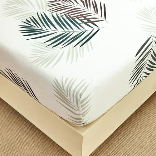 Spannbettlaken 160x200 cm - Tropische Palmenblätter Muster - Spannbettuch Bis 30 cm Matratzenhöhe - Bettlaken Weiche Polyester-Mikrofaser Weiß