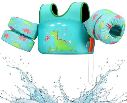 HeySplash Kinder Weste Schwimmflügel, Cartoon Kein Aufblasen Schwimmgürtel mit 2 Sicherheitsschnalle Schwimmreifen für 2-6 Jahren Jungen und Mädchen Schwimmtrainer, Hellgrüner Dinosaurier