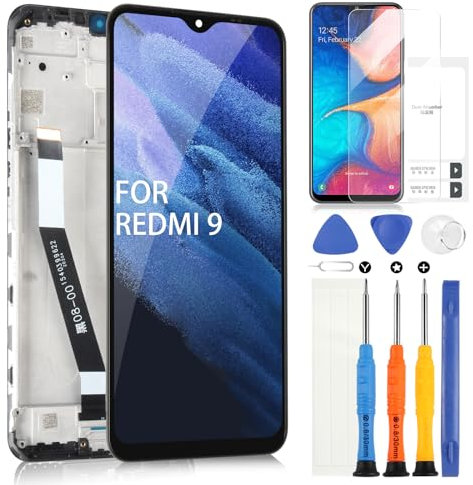 LCD Pantalla para Xiaomi Redmi 9 M2004J19G M2004J19C Pantalla Táctil Digitizer Assembly Cristal Repuesto con Herramientas (Negro con Marco)