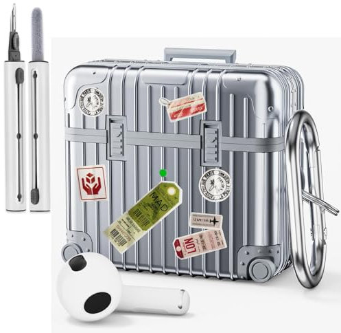 VISOOM Kompatibel mit Airpods 3 Hülle mit Reinigungsset Stoßfeste Suitcase Schutzhülle Weiches TPU AirPods 3rd Generation Case Cover mit Karabiner [Kabelloses Laden],Silver