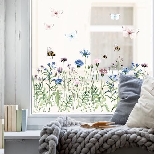 Wandtattoo Loft Fensterbilder Frühling mit Kornblumenwiese& Hummeln – A2 Bogen, Wiederverwendbar – Frühlingsdeko Fenster, Frühlingsbild Fenster, Fensterdeko Frühling, Fensterfolie Frühling
