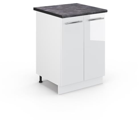 Vicco Küchenunterschrank Fame-Line, Weiß Hochglanz, 60 cm | MDF-Front · AP Anthrazit inkl. · Höhenverstellbare Füße · Metallgriffe · Soft-Close
