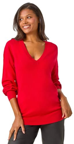 Roman Originals V-Neck Jumper for Women UK Ladies Boyfriend Fit Slouch Sweater Winter Autumn Textured Casual Flattering Knit Pullover Knitwear Daywear Lightweight Lounge - Scarlet - Size 14