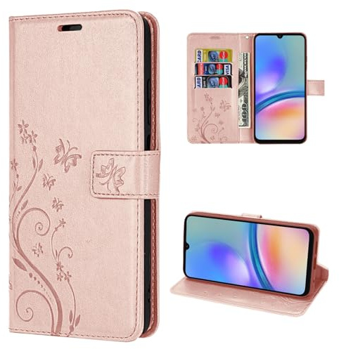 Hülle Kompatibel mit Samsung Galaxy A05s | Premium PU Leder Handyhülle Wallet Case für Galaxy A05s | Schutzhülle Blumen Klapphülle Handyhülle | Rosegold