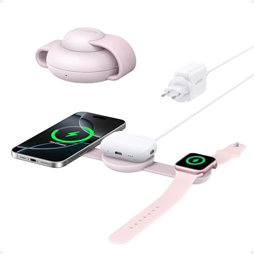 Anker MagSafe Compatible 3-in-1 Wireless Charging Station, Qi2 Certified 15W MagGo Charger, Foldable Travel Wireless Charging Pad for iPhone 16/15/14/13/12 Series, AirPods, Apple Watch, and More