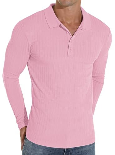 Sailwind Polo Shirts for Men Long Sleeve Tshirts Slim Fit Casual Shirts Classic Stretch Tops Golf Tee (Pink, M)