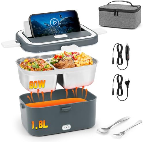 Dreamhigh® 80W Gamelle Chauffante Electrique 1.8L, Lunch Box Chauffante avec Sac Fourchette et Cuillère en Acier Inoxydable, 12V/24V/220V Boite Chauffante Repas, pour Voiture Camion Bureau-Gris