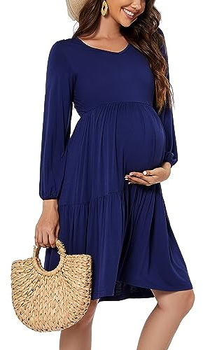 Smallshow Women's Maternity Dress Long Sleeve Ruffle Pregnancy Clothes Navy S