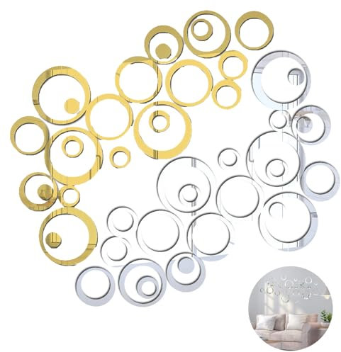 48 Stück Runde Kreis Spiegel, 3D Spiegel Wandaufkleber Rund Spiegelblätter Aufkleber Selbstklebend, DIY Wandspiegel Aufkleber Acryl Kreis Selbstkleber Wandtattoo für Schlafzimmer Wohnzimmer (48Pcs)