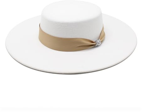 Jiaxu-Hüte Retro 10cm großer Krempe Zylinderhut Herbst und Winter Britischer vielseitiger Wollfilzhut(Weiß)