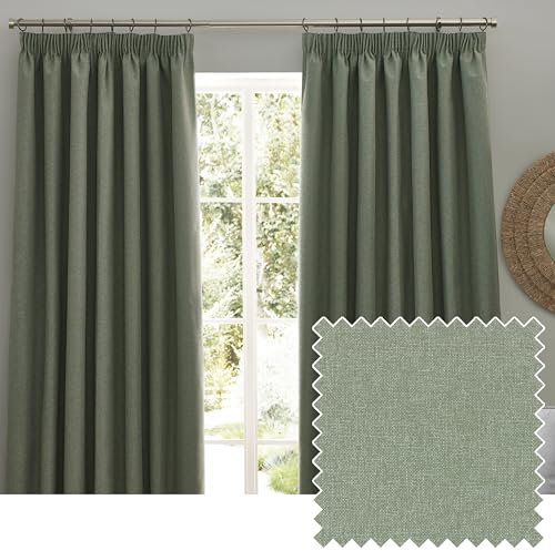 furn. Dawn Textured Blackout Pencil Pleat Curtains – Thermal Lined Pair (Eucalyptus - Width 168 x Drop 229cm)