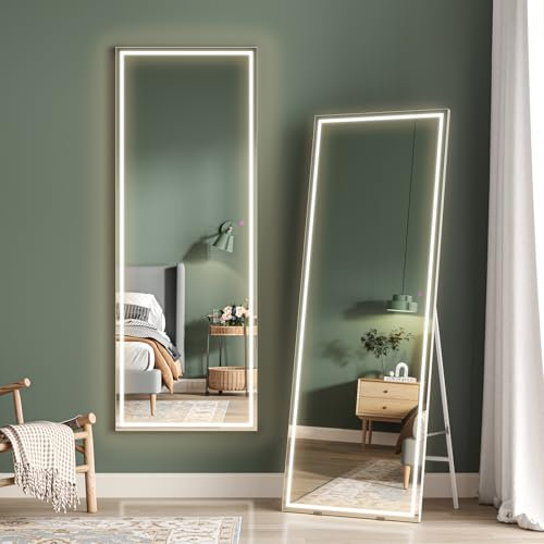 Dripex LED Full Length Floor Standing Mirror, 160x50CM Wall Mounted Mirror with Dimming & 3 Color Lighting for Bedroom (White Frame)