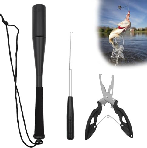 3 Sets Fishing Fischtöter 24.5cm Aluminium Fisch Totschläger Fischbetäuber Mit Angelzange Fishing Hakenlöser Fisch Betäuber Angelzubehör Für Anfänger Outdoor Karpfen Forellenangeln (Schwarz)