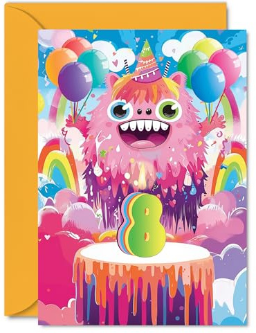 Giftzie Geburtstagskarte zum 8. Geburtstag für Jungen und Mädchen, kleine Monster-Party, Happy Birthday Karte für 8 Jahre alten Jungen, Mädchen, Kinder, 12,7 x 17,8 cm, 8 x 17,8 cm, Kuchengrußkarten