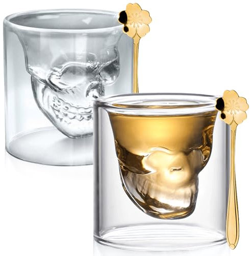 2 Stück Totenkopf Gläser, 250ml Doppelwandige Kaffeegläser Schädel Schnapsgläser mit 2 Löffeln Glasbecher, Glasbecher Cocktailgläser Schnapsgläser für Whisky Wodka Absinth Espressogläser