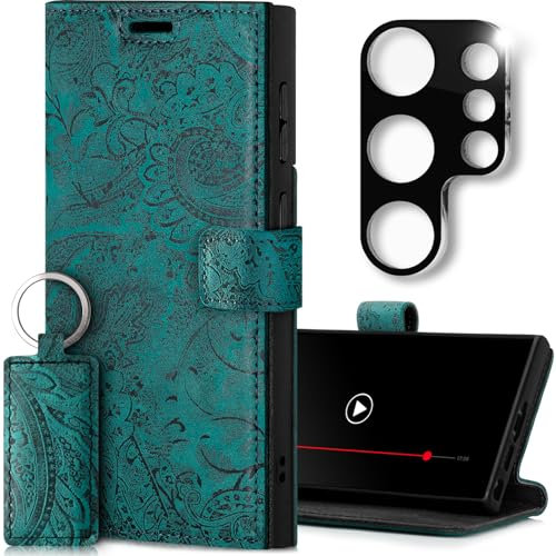 SURAZO Leder Handyhülle für Samsung Galaxy S25 Ultra Hülle mit Kameraschutz und Ständer - Premium Echtleder Schutzhülle mit Kartenfach, RFID Schutz, Blumen Motiv - Flip Case Lederhülle (Floral Türkis)