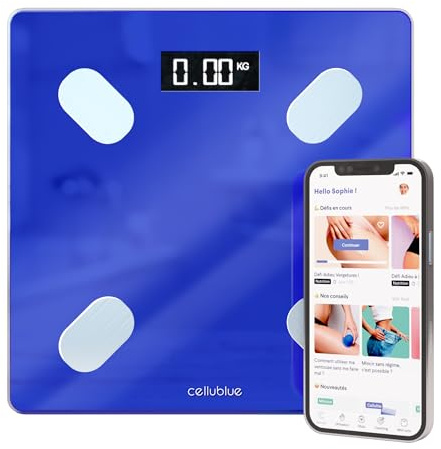 Cellublue Fitnesswaage mit 12 Indikatoren für Körperzusammensetzung, Analyse von Fett, Muskel und BMI – kompatibel mit Smartphone, genaue Gewichtsverfolgung