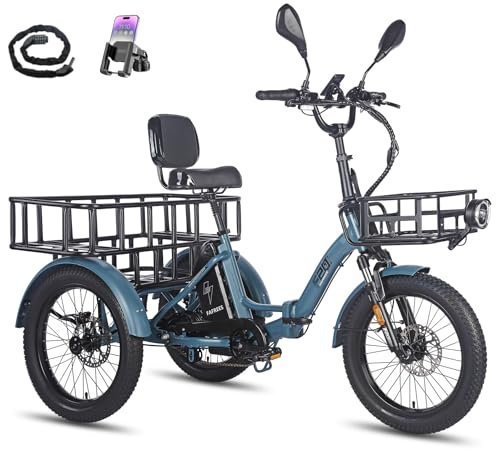 Fafrees Dreirad e Bike F20 Mate, Upgrade 2025 E-Bike 3 Rad 48V 21Ah Akku, E Bike Klapprad 20 * 3.0 Zoll, 65N.m Elektro Dreirad Lasten für Erwachsene (Vorderkorb + großer Korb, Blau)