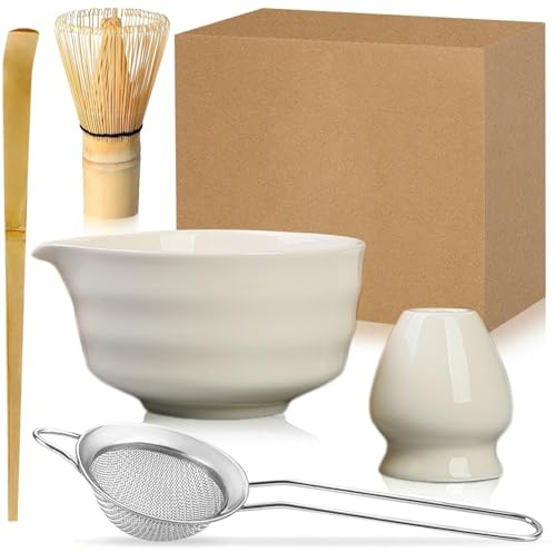 Duscdesp 5 Pcs Matcha Whisk Set, Matcha Whisk, Bowl, Spoon, Sieve & Holder, White, Bamboo & Ceramic, Japanese Style
