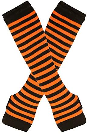 Blausky 1 Paar Damen Fingerlos Handschuhe,Lang Armstulpen Ellenbogenlange Streifen Armwärmer mit Daumenloch,Unisex Thermo Dehnbar Strickhandschuhe für Herbst Winter,Orange-Schwarz