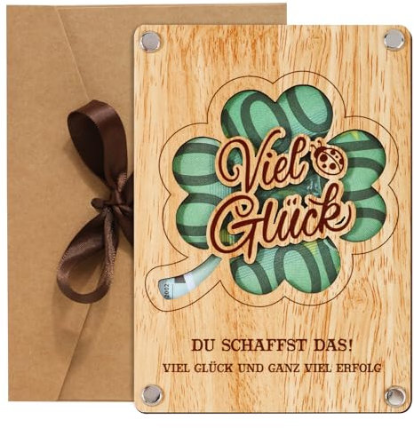 BOFUNX Viel Glück Geschenke Glücksbringer Prüfung Geldgeschenk aus Holz Kleeblatt Viel Glück Prüfung Geschenk Glücksbringer zum Abitur Bachelor Master Doktor Prüfung Abschluss für Jungen Mädchen