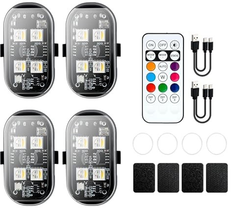 Mcbazel Upgrade 4Pcs Wireless LED Strobe Lights (4 Lamp Beads, Lasts Longer), 8-Colors USB Waterproof Anti-Collision LED Car Flashing Warning Light with Remote for Cars, Bikes, Motorcycles, RC Cars