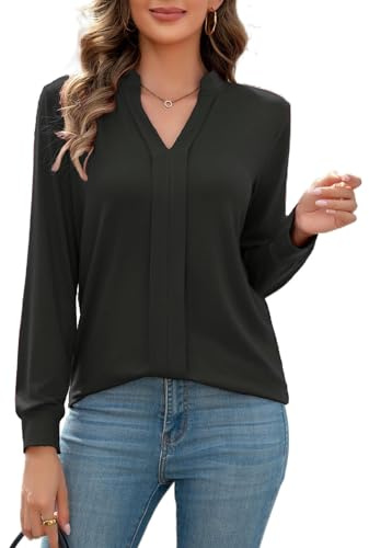 FaerieFlair Womens Casual Long Sleeve Tops V Neck Pleated Shirts Fashion Dressy Tunic Blouses Basic Top