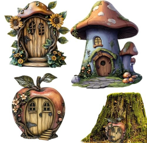 Porta delle fate, miniatura in legno 2D, graziosa decorazione rustica da favola, set di accessori a tema fantasia, decorazione per bambini da parete, giardino, casa sull'albero, mensola e spazi per la