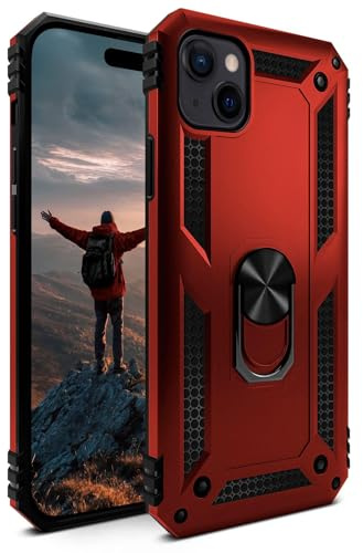 ONEFLOW für iPhone 15 Hülle mit Handygriff Ständer, Outdoor Schutzhülle stoßfest Panzerhülle mit Kameraschutz, Handyhülle Hybrid TPU Case, Titan Cover, matt Rot