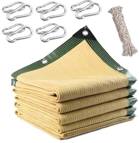 Tenda parasole da giardino in tessuto beige, resistente all'80% ai raggi UV, con occhielli e bordo verde, perfetta per balconi, serre e garage (6 x 7 m)