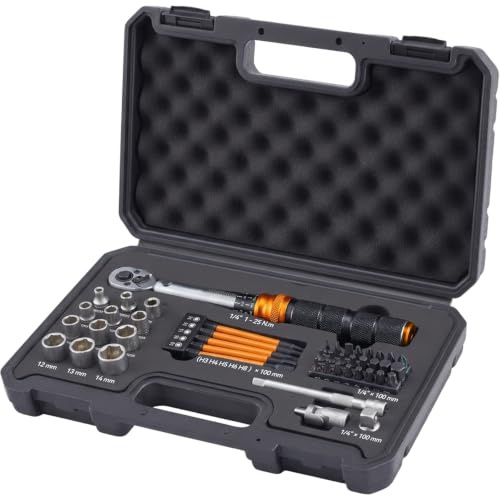 WAXTRON Drehmomentschlüssel Set für Fahrrad, 1/4 Zoll, 1-25 Nm, 45-teilig | ±3% ISO Genauigkeit, 0,1 Nm Feineinstellung, 72-Zahn Ratsche, inkl. Verlängerung, Steckschlüssel, und Bits