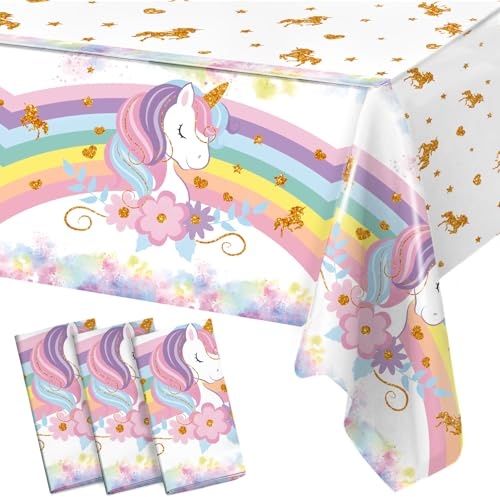 Muorruo 3-teiliges Einhorn-Tischdecken-Set für Geburtstagsdekorationen, pastellfarbene Regenbogen-Tischdecken für Kindergeburtstage, Mädchenpartys, Babypartys, 130 x 220 cm