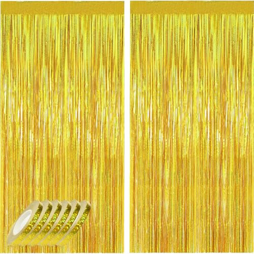 waziwe Lametta Vorhang Gold 2.5x1m (2 Stück), 6 Rollen Luftschlangen, Glitzervorhang Lametta Perfekt für Silvester, Karneval, Fasching, Hochzeit Deko und alle Arten von festlichen Dekorationen | Perfekt für Hochzeit Deko, Geburtstags Deko, Silvester Deko, Geschenkband ,Ballonband und Verschiedene Feierliche Anlässe