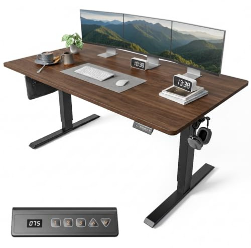 FEZIBO Electric Standing Desk 160 x 80 cm, Height Adjustable Sit Stand Desk with 3 Memory Presets, Home Office Computer Desk, Black Frame with Dark Walnut Top