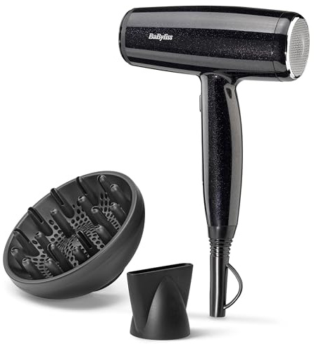 BaByliss Midnight Shine Compact-Lightweight Hair Dryer - 2100W Powerful Sleek Blow Dryer, Ionic Frizz-Free Conditioning, 3 Heat & 2 Speed Settings, Silver, D590DU