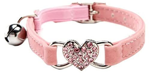 CHUKCHI verstellbares Katzen-Halsband mit Glocke und Herzanhänger mit Kristallsteinen, weicher Samtstoff, sicheres Halsband, 20,3-28 cm