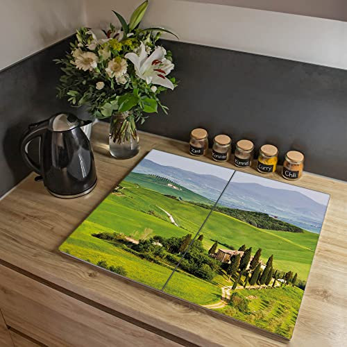 banjado® Herdabdeckplatte Glas 2-teilig 60x52 cm/Schneidebrett Herdabdeckung mit Motiv Toskana/Herdabdeckplatten Ceranfeld 2teilig / Schneidebrett Glas individuell einsetzbar