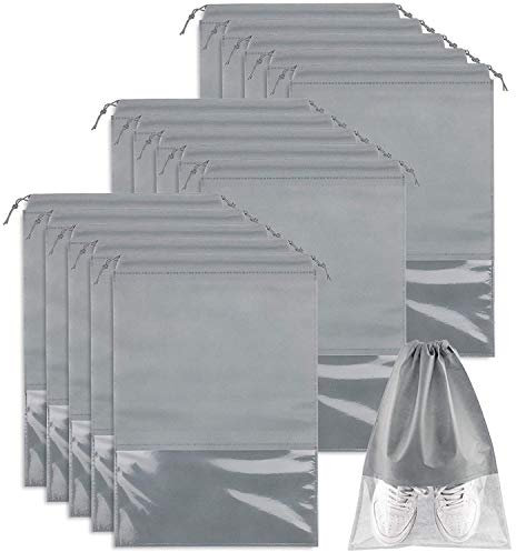 15 PCS Travel Shoe Bag, Large Portable Drawstring Shoes Storage Bags Non-Woven Dust Proof Pouch Space Saving Organizer with Transparent Slot for Men Women Daily and Travel Use (Grey)