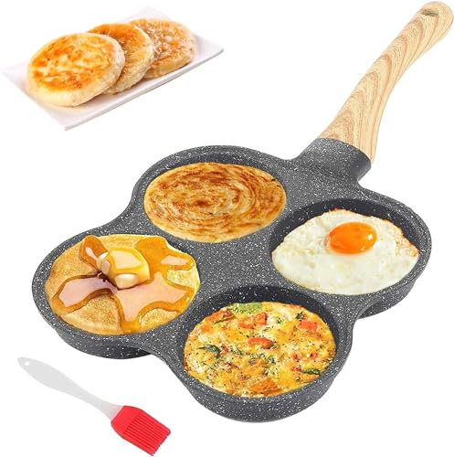 Poêle À Frire Aux Œufs 4 Trous, Poêle À Œufs En Alliage D'aluminium Antiadhésif Machine À Sandwich À L'omelette Mini Poêle À Crêpes Ronde À Manche En Bois Pour Le Petit Déjeuner Bacon Burger