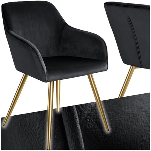 tectake® Esszimmerstuhl, Sessel bequem mit Armlehne, Polsterstuhl, Samtstoff Cocktailsessel, Loungesessel für Wohnzimmer, Esszimmer, Moderne Küchenstühle, Bürostuhl schwarz/Gold