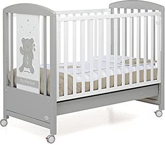Foppapedretti Lettino con Sponda a Scomparsa My Little Love, Legno di Faggio, Made in Italy, Rete a Doghe di Faggio, Ampio Cassetto, Regolabile a Doppia Altezza, 4 ruote, 131x73x108 cm, Grigio