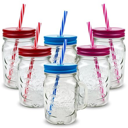 Pack of 6 Mason Jars with Handles, 500 ml Durable Drinking Glasses with Lids, Straws – Perfect for Cold Beverages
