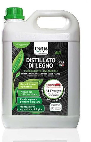 DISTILLATO DI LEGNO NERABIOCHAR 5 LT, corroborante, potenziatore delle difese delle piante. Estratto integrale di castagno a base di tannino, uso biologico.