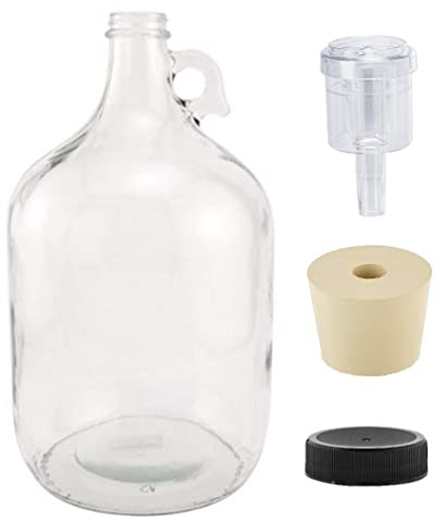 North Mountain Supply 1 Gallon Glass Fermenting Jug with Handle, 6.5 Rubber Stopper, 2-Piece Airlock, Black Plastic Lid - Set of 1