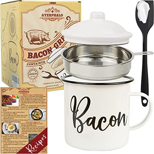 Bacon Grease Container with Strainer - With Food-Grade Silicone Spatula , 46oz Large Enamel Rustic Farmhouse Fat Container , Keeper , Recipes , Dishwasher Safe
